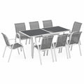 Salon de jardin, avec 8 chaises, extensible, coloris blanc et gris, pour la terrasse ou le jardin