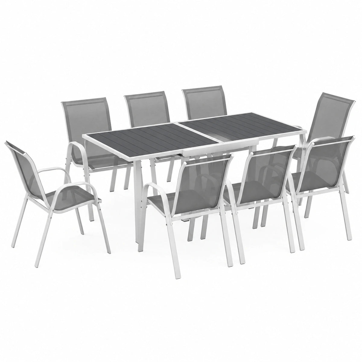 Salon de jardin, avec 8 chaises, extensible, coloris blanc et gris, pour la terrasse ou le jardin