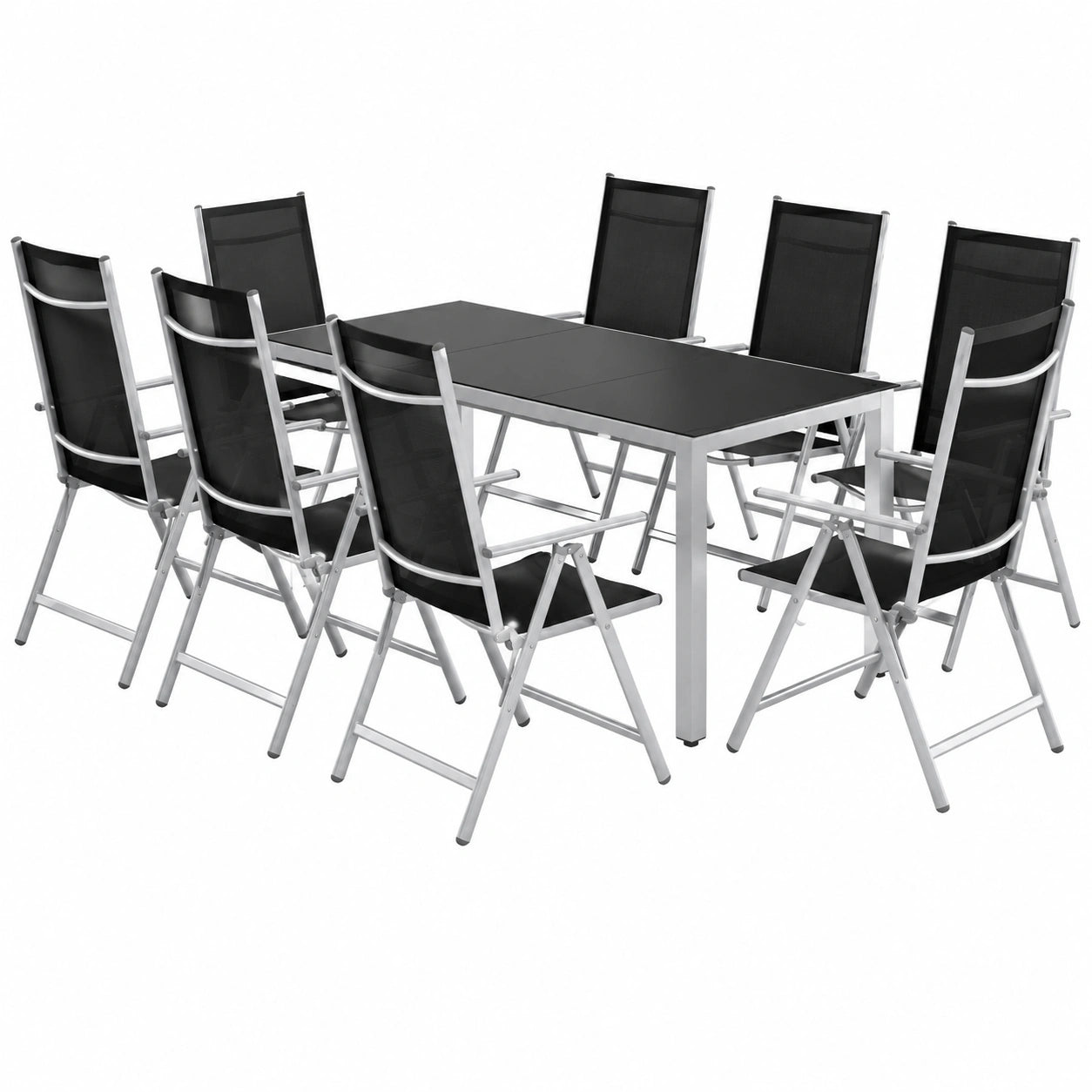 Salon de jardin, en aluminium, pliable, coloris noir et argenté, 8 places, 190 x 90 cm, pour la terrasse ou le jardin