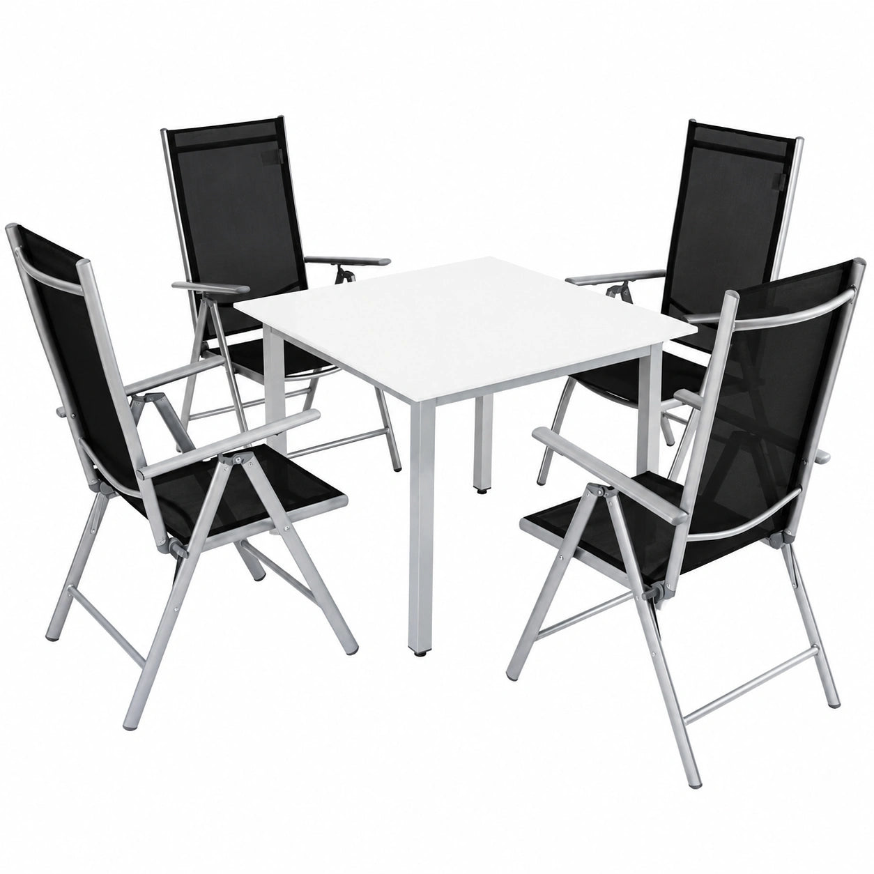 Salon de jardin, pliable, en aluminium, 4 places, 90 x 90 cm, coloris blanc et argenté, pour la terrasse ou le jardin