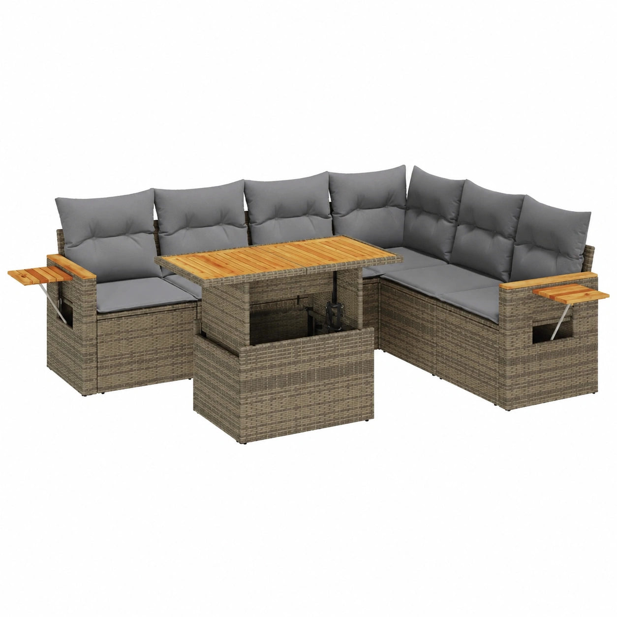 Salon de jardin, modulable, avec rangement, en résine tressée, 7 pièces, coloris gris et beige, pour la terrasse ou le jardin