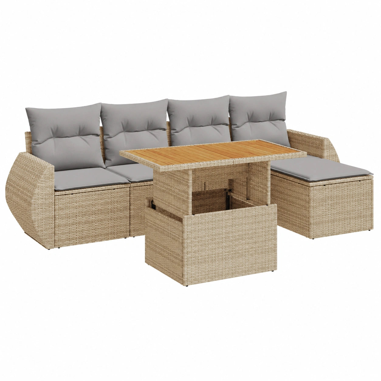 Salon de jardin, en résine tressée, modulable, réglable, avec rangement, coloris beige, 6 pièces, pour la terrasse ou le jardin