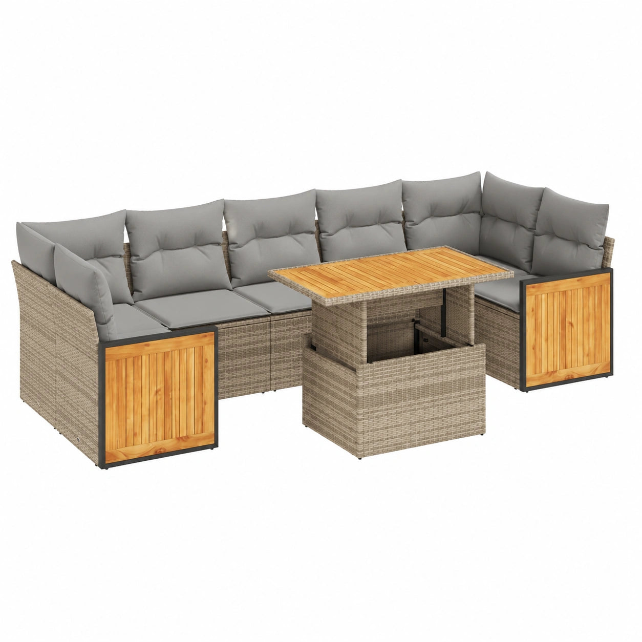 Salon de jardin, 8 pièces, modulable, avec rangement, en résine tressée, coloris gris et beige, pour la terrasse ou le jardin