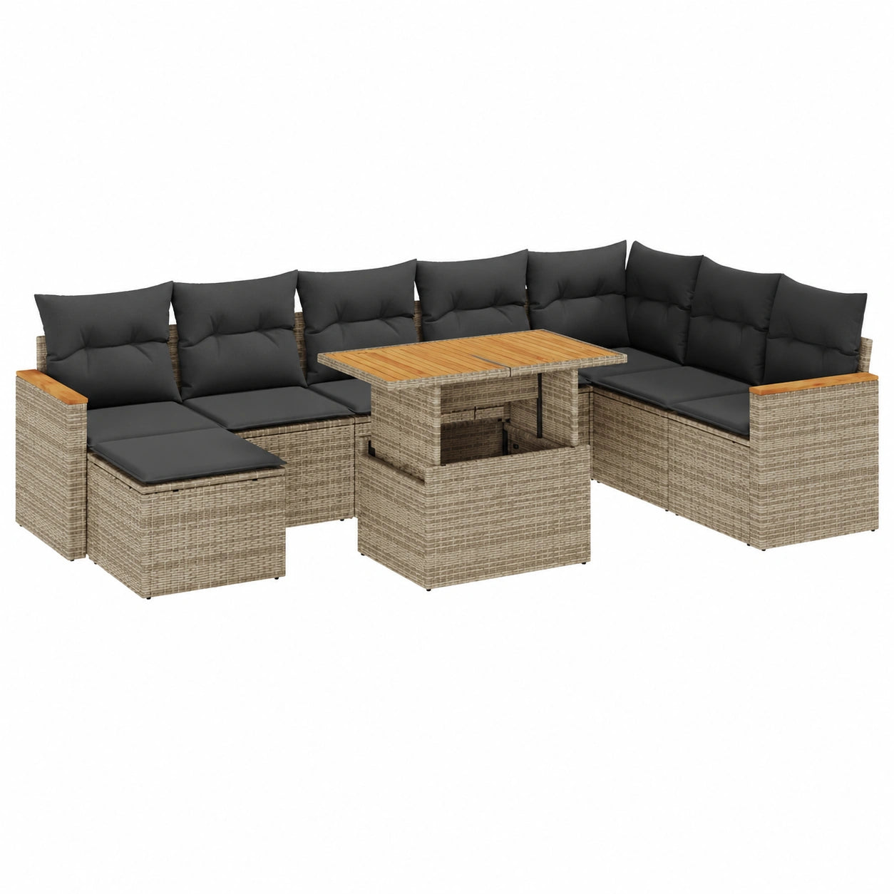 Salon de jardin, en résine tressée, modulable, avec rangement, coloris gris, 9 pièces, pour la terrasse ou le jardin
