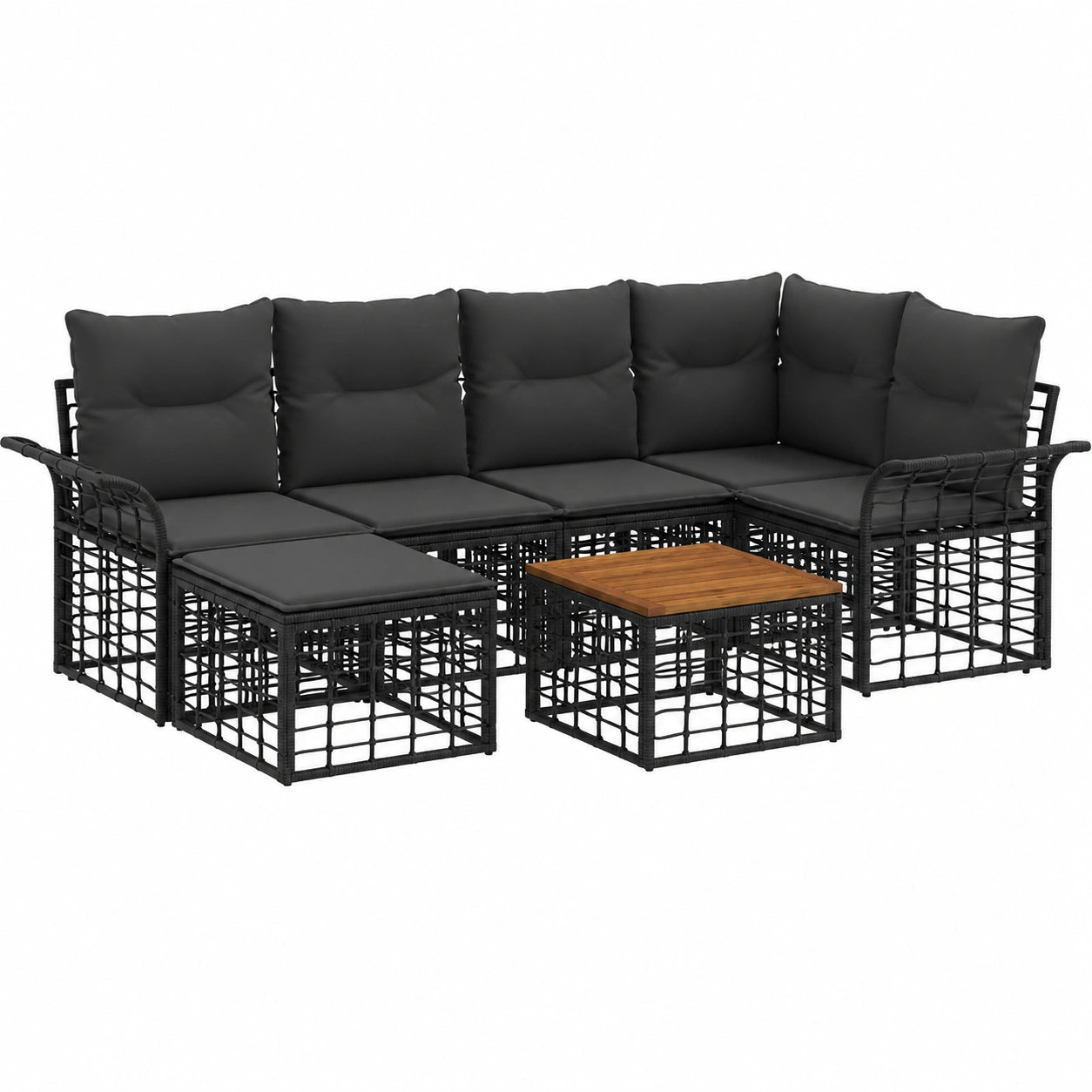 Salon de jardin, 7 pièces, modulable, coloris noir et gris, pour la terrasse ou le jardin