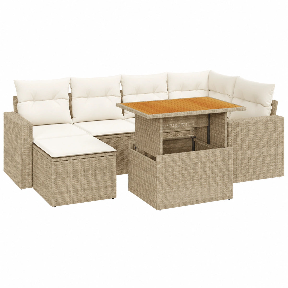 Salon de jardin, en résine tressée, modulable, réglable, avec rangement, coloris beige, 7 pièces, pour la terrasse ou le jardin
