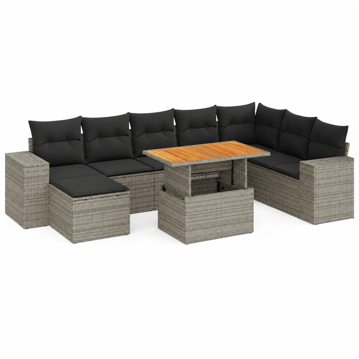 Salon de jardin, en résine tressée, modulable, avec rangement, coloris gris, 9 pièces, pour la terrasse ou le jardin