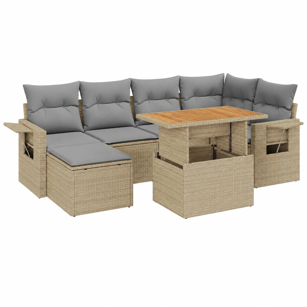 Salon de jardin, 7 pièces, modulable, réglable, avec rangement, en résine tressée, coloris gris et beige, pour la terrasse ou le jardin