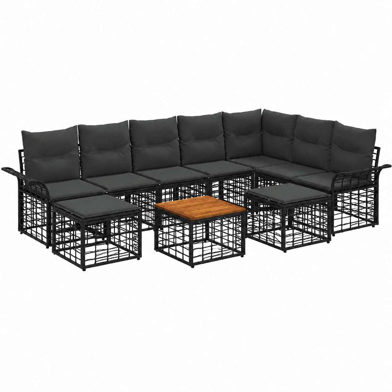 Salon de jardin, modulable, en résine tressée, 10 pièces, coloris noir et gris, pour la terrasse ou le jardin