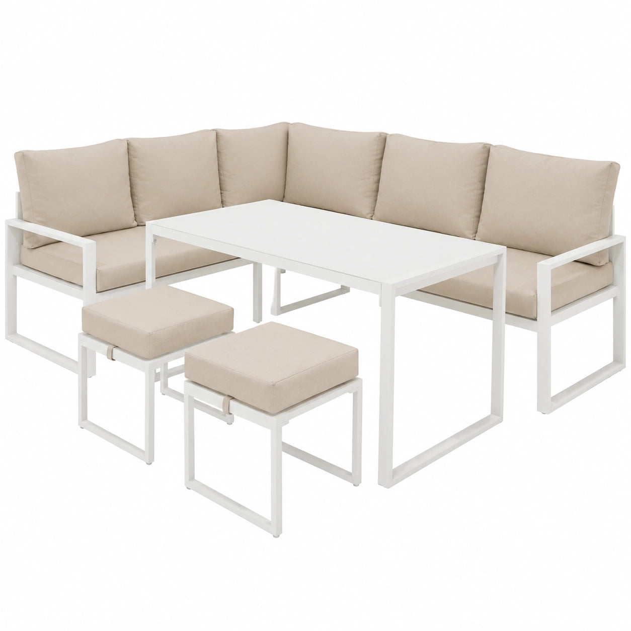 Salon de jardin, modulable, en aluminium et verre, 7 places, coloris blanc, pour la terrasse ou le jardin