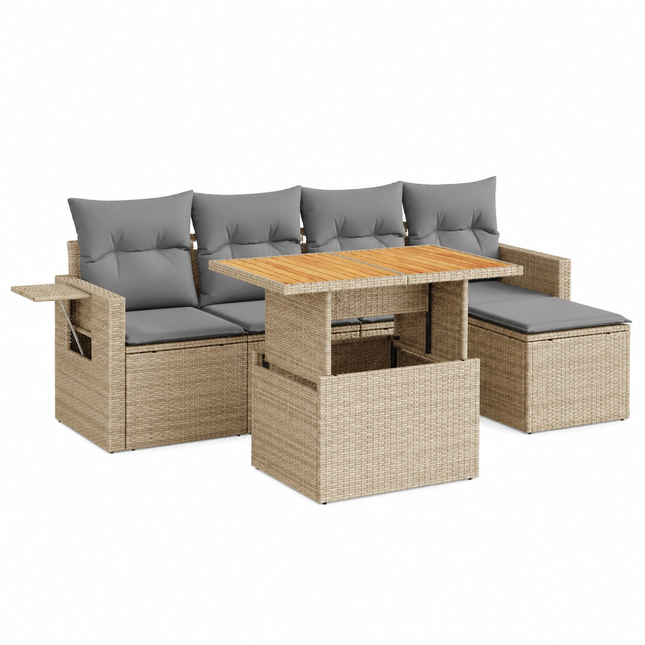 Salon de jardin, en résine tressée, modulable, réglable, avec rangement, coloris beige, 6 pièces, pour la terrasse ou le jardin