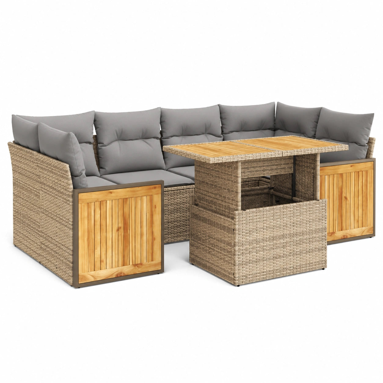 Salon de jardin, modulable, avec rangement, en résine tressée, 7 pièces, coloris gris et beige, pour la terrasse ou le jardin