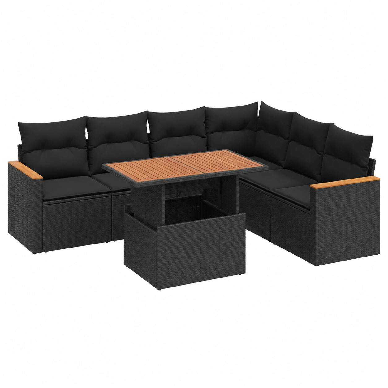 Salon de jardin, en résine tressée, modulable, avec rangement, coloris noir, 7 pièces, pour la terrasse ou le jardin